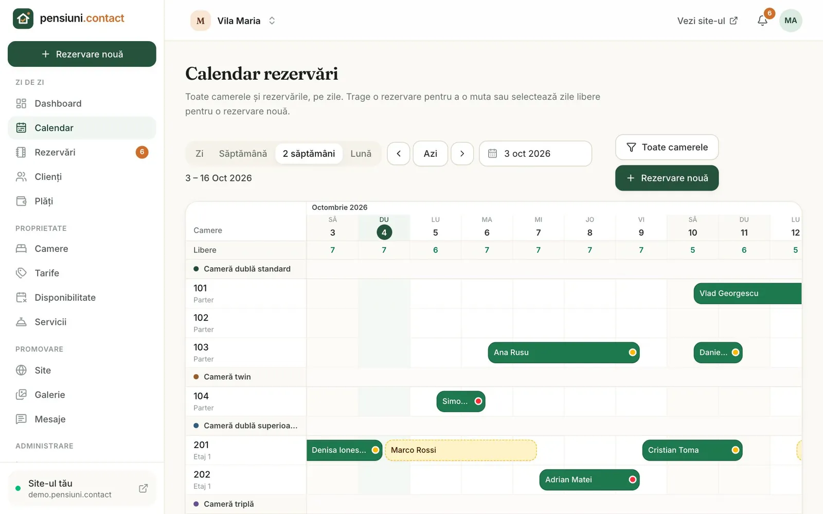 Calendarul rezervărilor, cu toate camerele.
