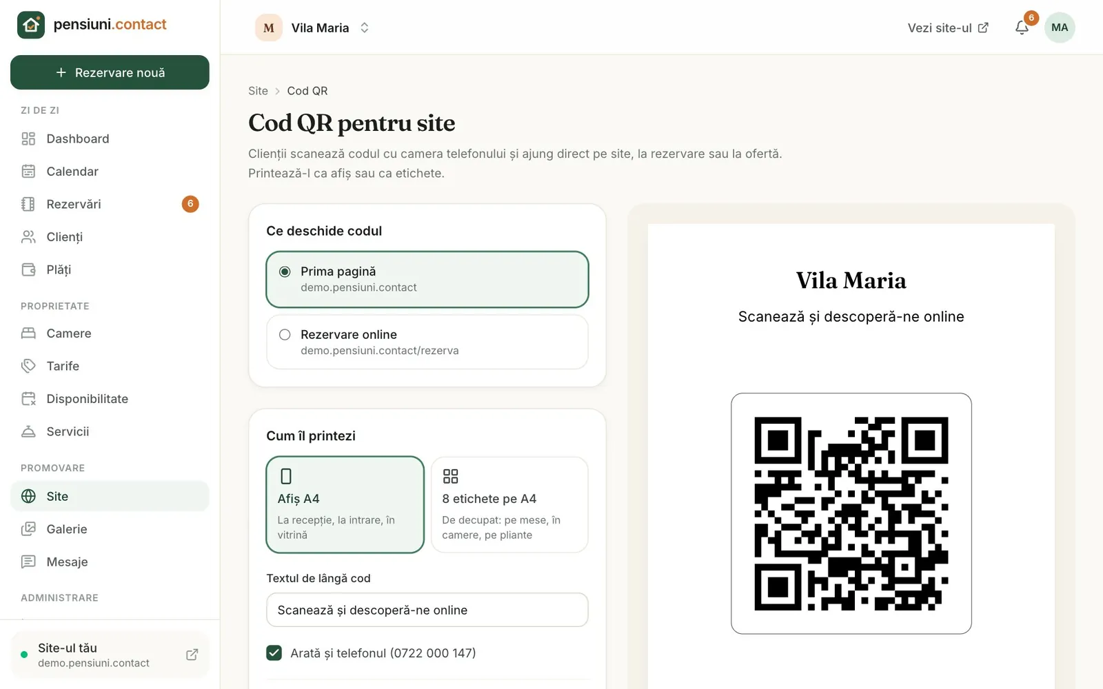 Site → Cod QR: alegi ce deschide codul și cum îl printezi.