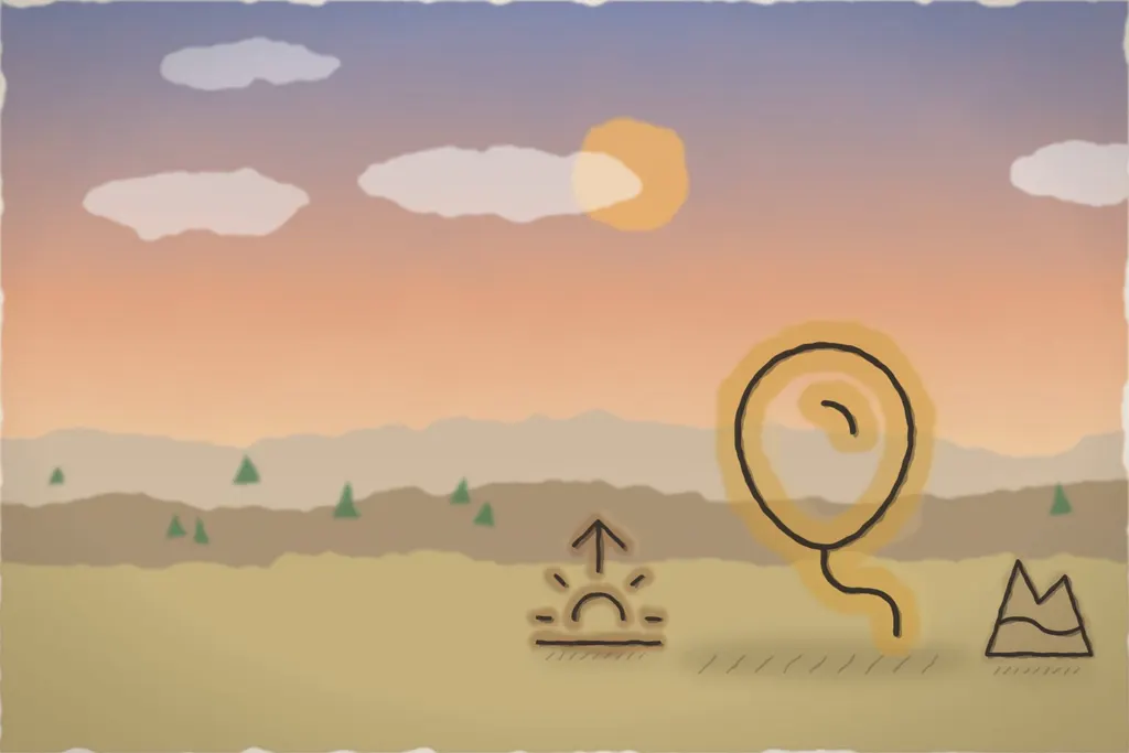 Balon cu aer cald la răsărit, deasupra dealurilor Mărginimii (ilustrație)